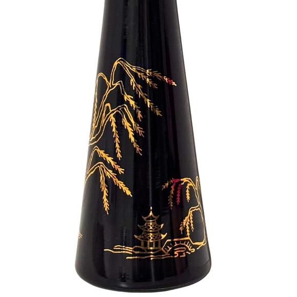 Vintage Black Glass Vase Gold Pagoda & Willow Tree Design - Picture 10 of 11